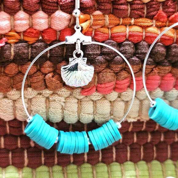 Earrings. Silver Hoops. Seashells. Turquoise Beaded. Pierced. NWT. - Picture 7 of 9